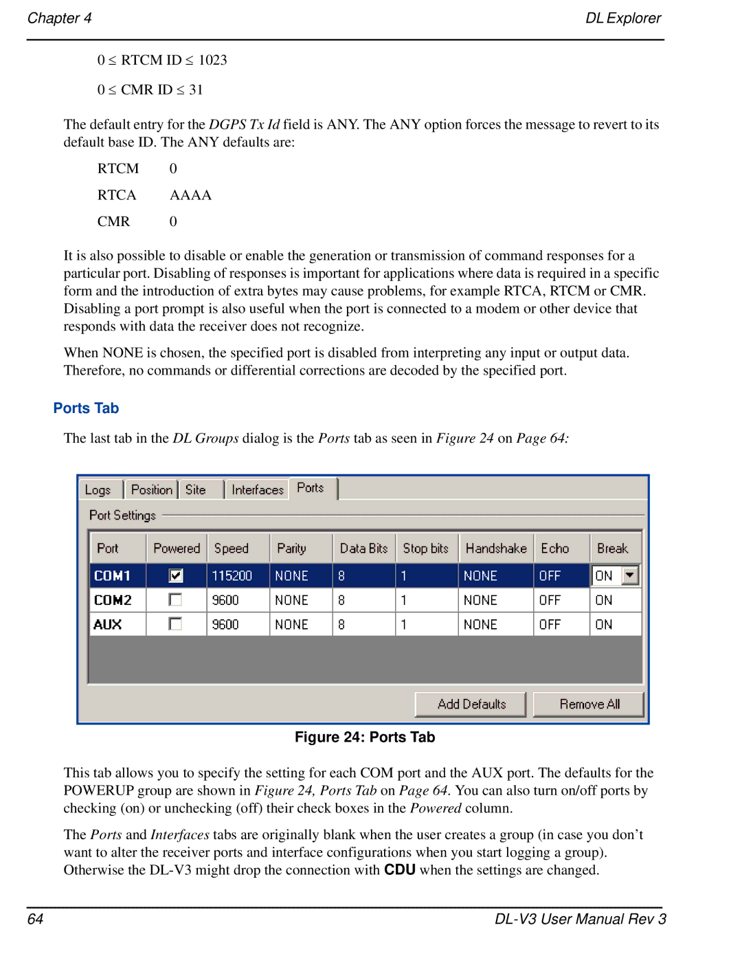 Novatel DL-V3 user manual Ports Tab 