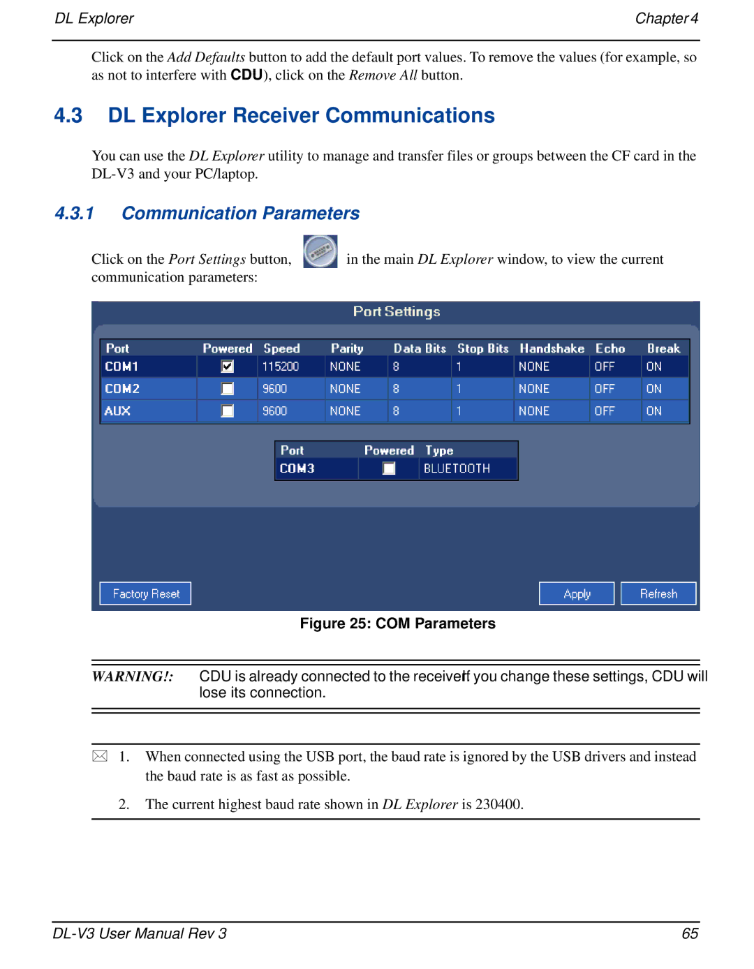 Novatel DL-V3 user manual Communication Parameters, COM Parameters 