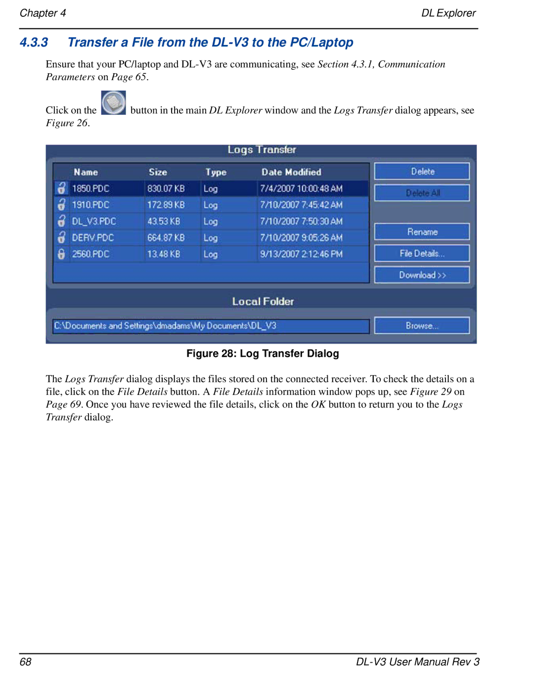 Novatel user manual Transfer a File from the DL-V3 to the PC/Laptop, Log Transfer Dialog 