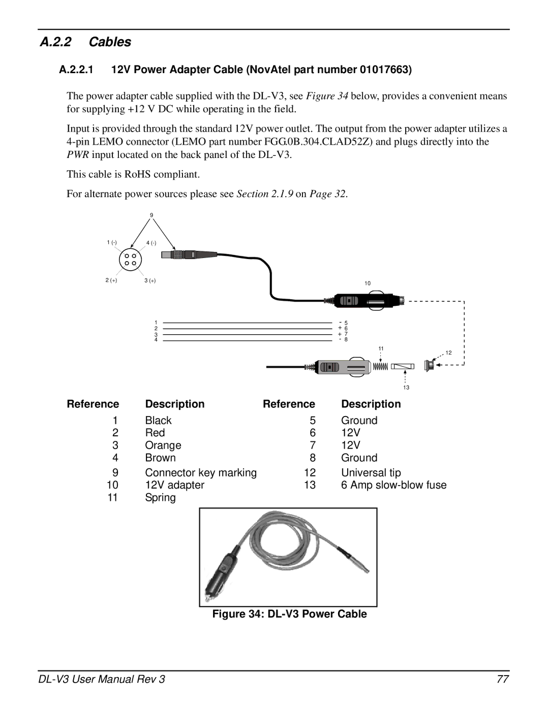 Novatel user manual 2.1 12V Power Adapter Cable NovAtel part number, DL-V3 Power Cable 