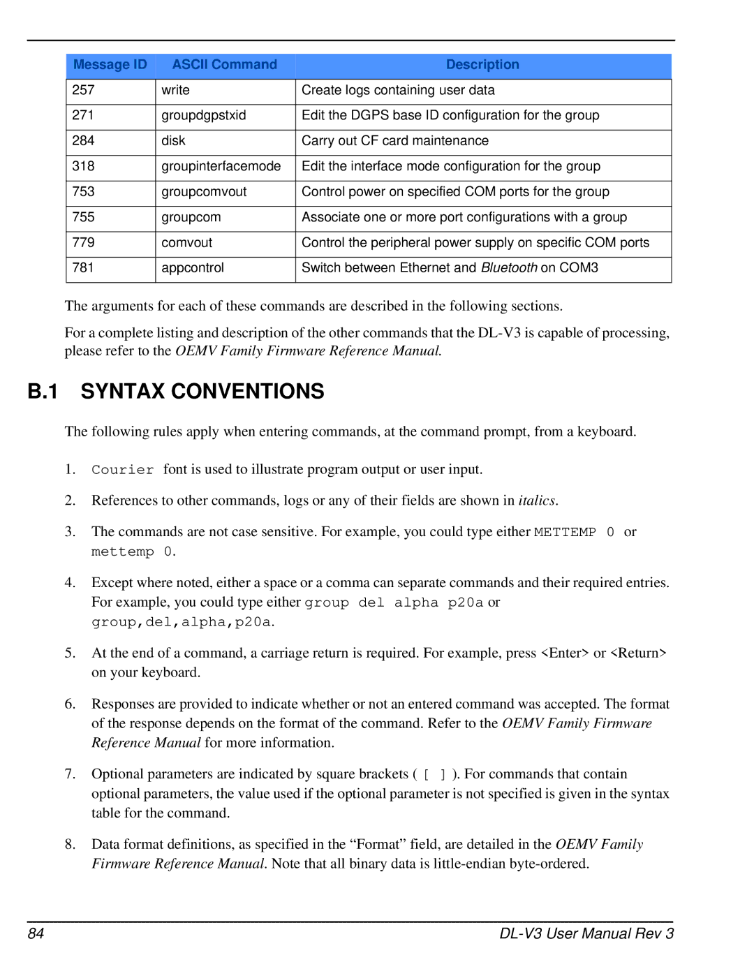 Novatel DL-V3 user manual Syntax Conventions 