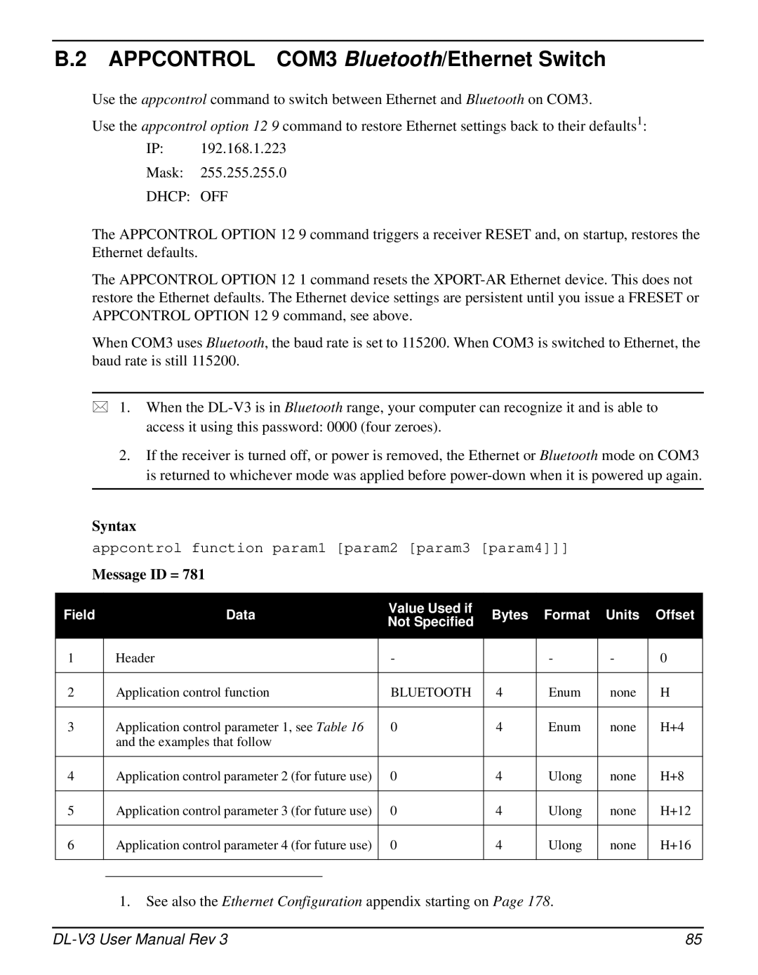 Novatel DL-V3 user manual Appcontrol COM3 Bluetooth/Ethernet Switch, Dhcp OFF 