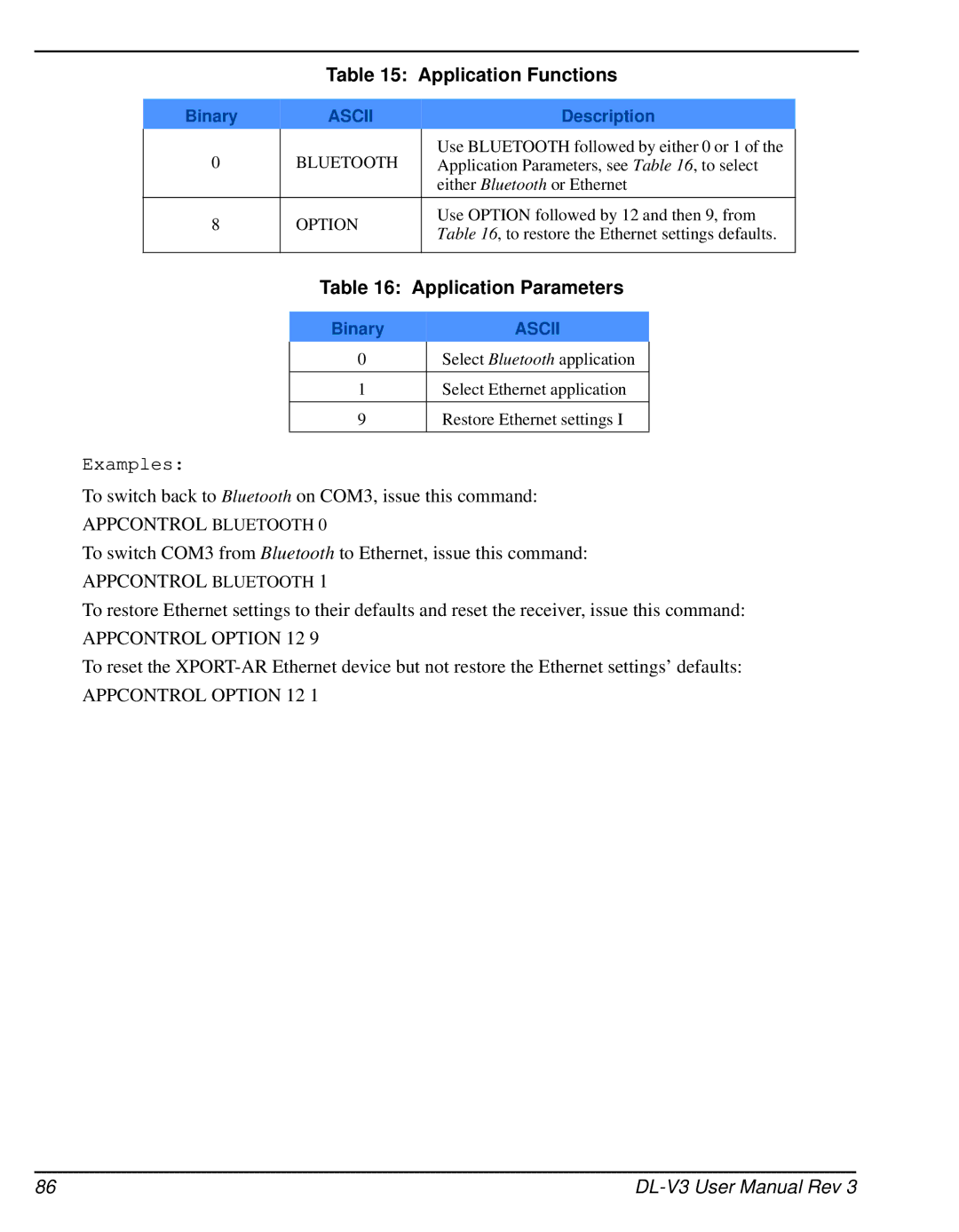 Novatel DL-V3 user manual Application Functions, Application Parameters, BinaryASCII 