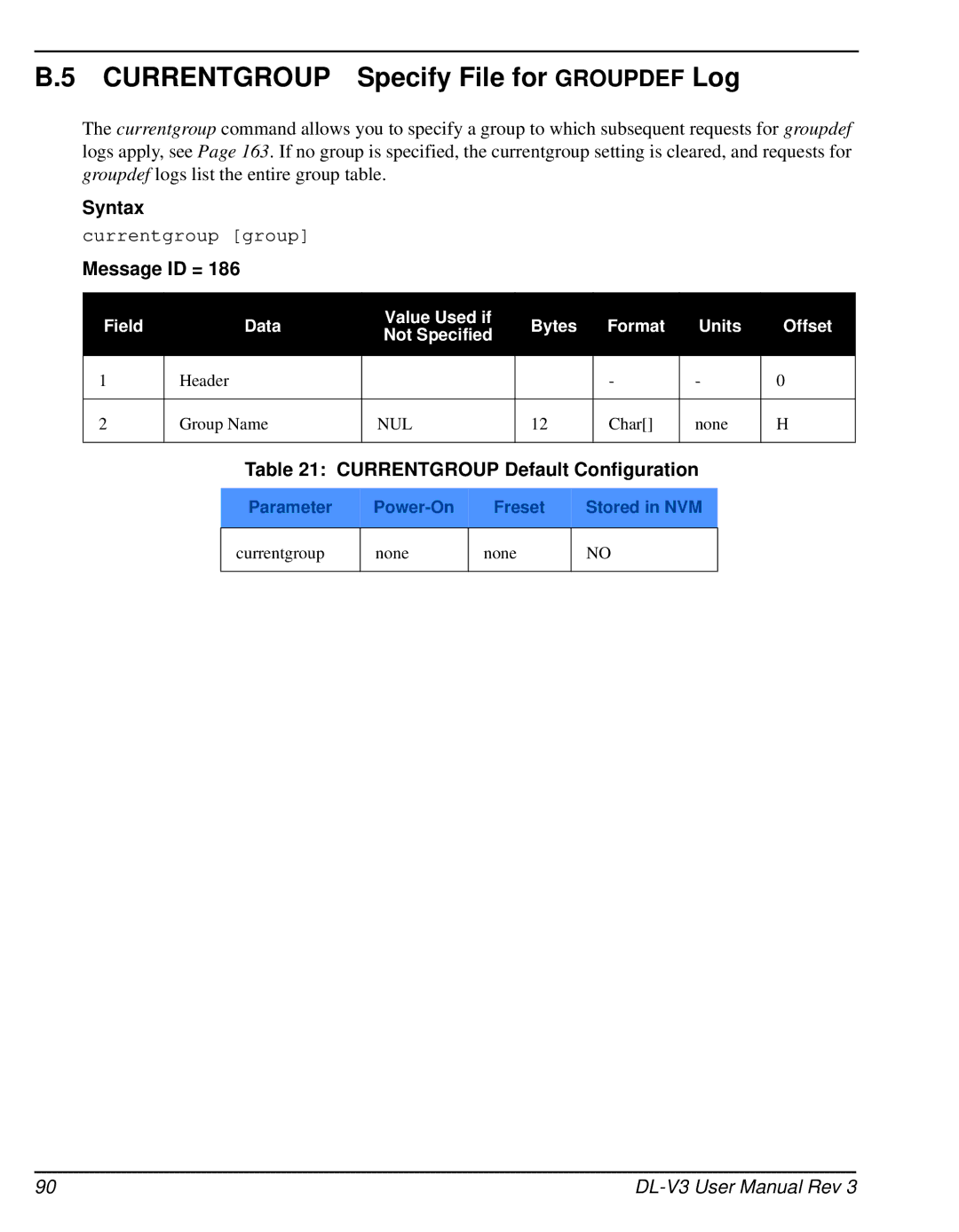 Novatel DL-V3 user manual Currentgroup Specify File for Groupdef Log, Currentgroup Default Configuration 