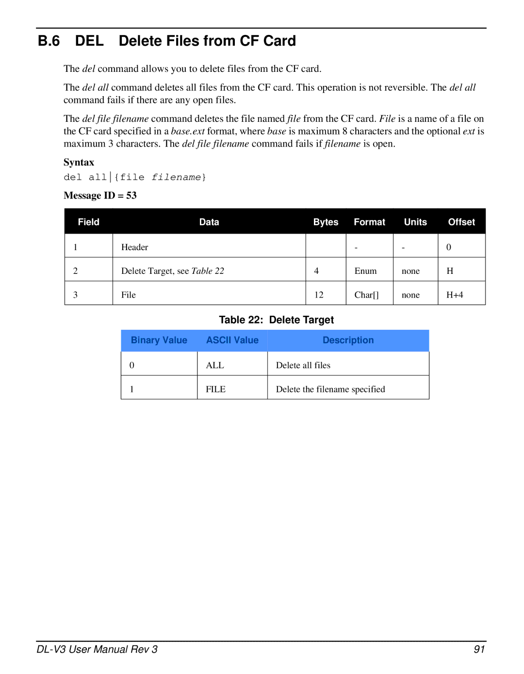 Novatel DL-V3 user manual DEL Delete Files from CF Card, Delete Target 