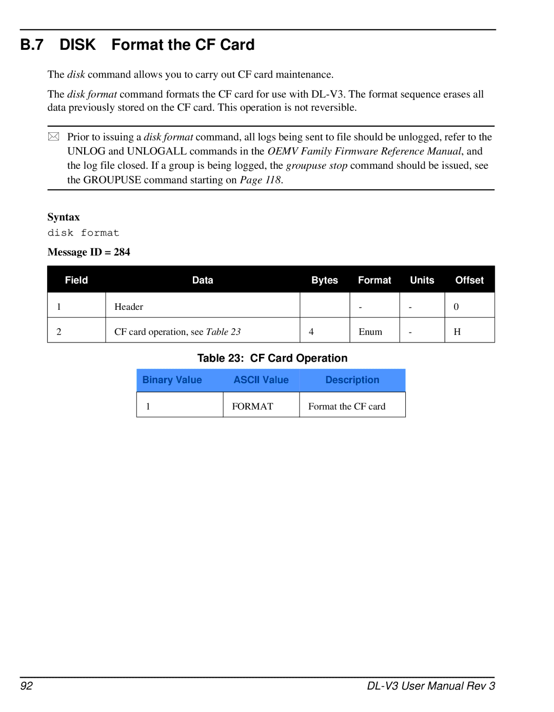 Novatel DL-V3 user manual Disk Format the CF Card, CF Card Operation 