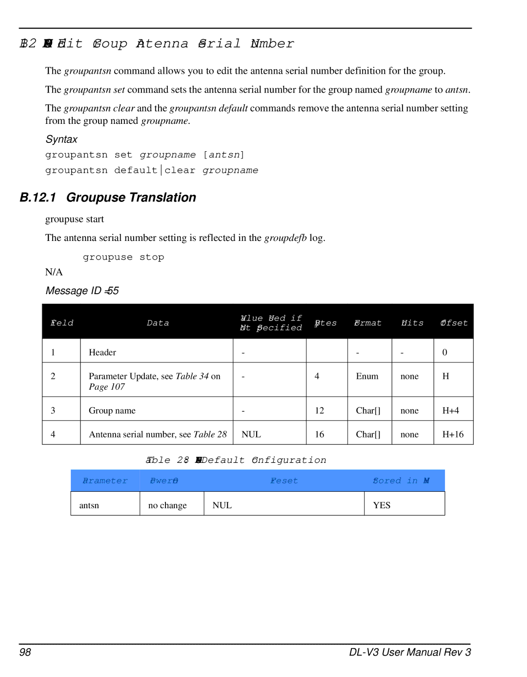 Novatel DL-V3 user manual Groupantsn Edit Group Antenna Serial Number, Groupantsn Default Configuration 