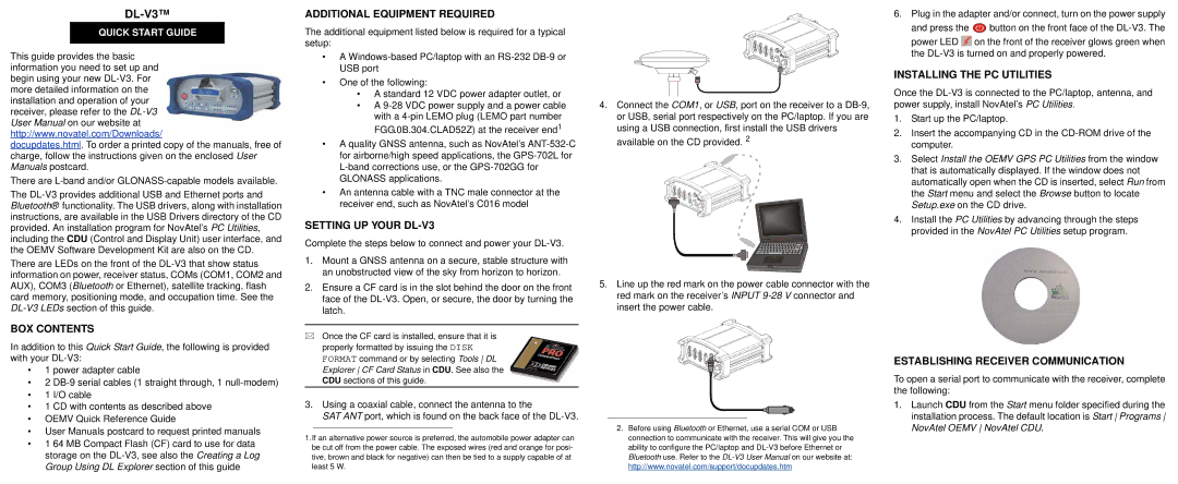 Novatel user manual BOX Contents, Additional Equipment Required, Setting UP Your DL-V3, Installing the PC Utilities 