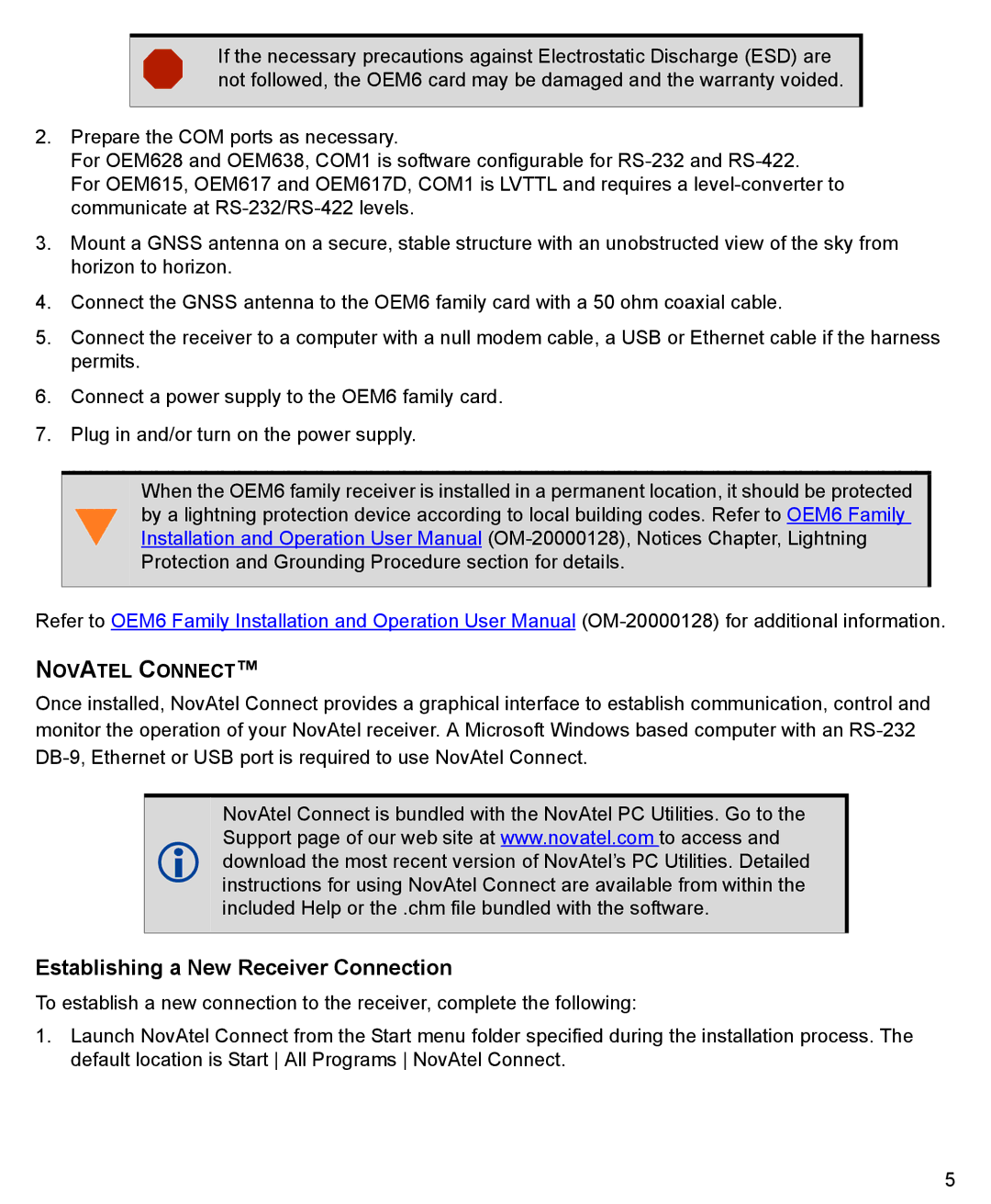 Novatel GM-14915095 quick start Establishing a New Receiver Connection, Novatel Connect 