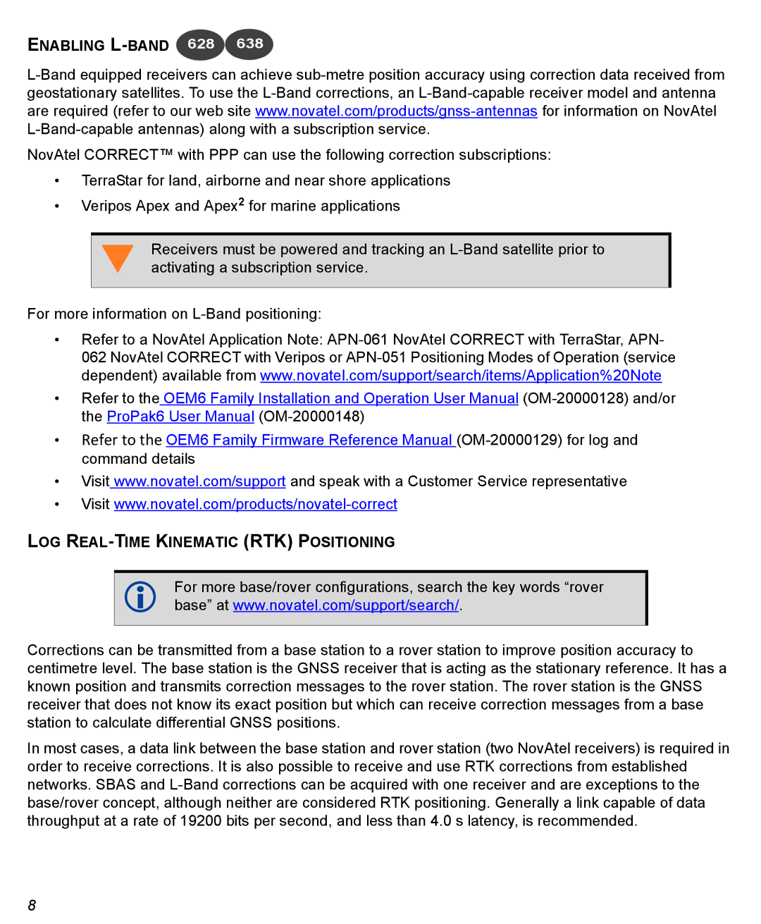 Novatel GM-14915095 quick start Enabling L-BAND 628, LOG REAL-TIME Kinematic RTK Positioning 
