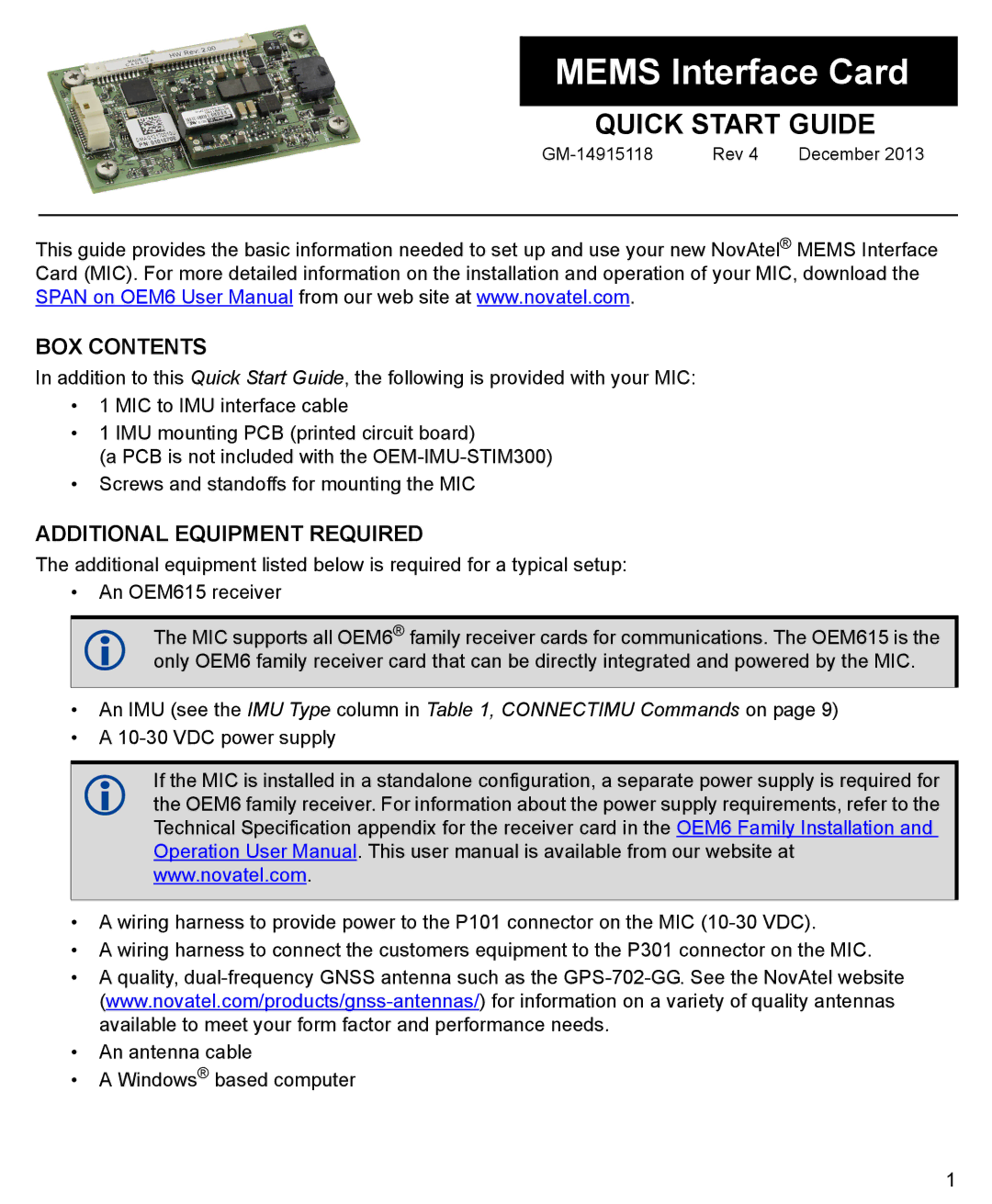 Novatel GM-14915118 quick start BOX Contents, Additional Equipment Required 