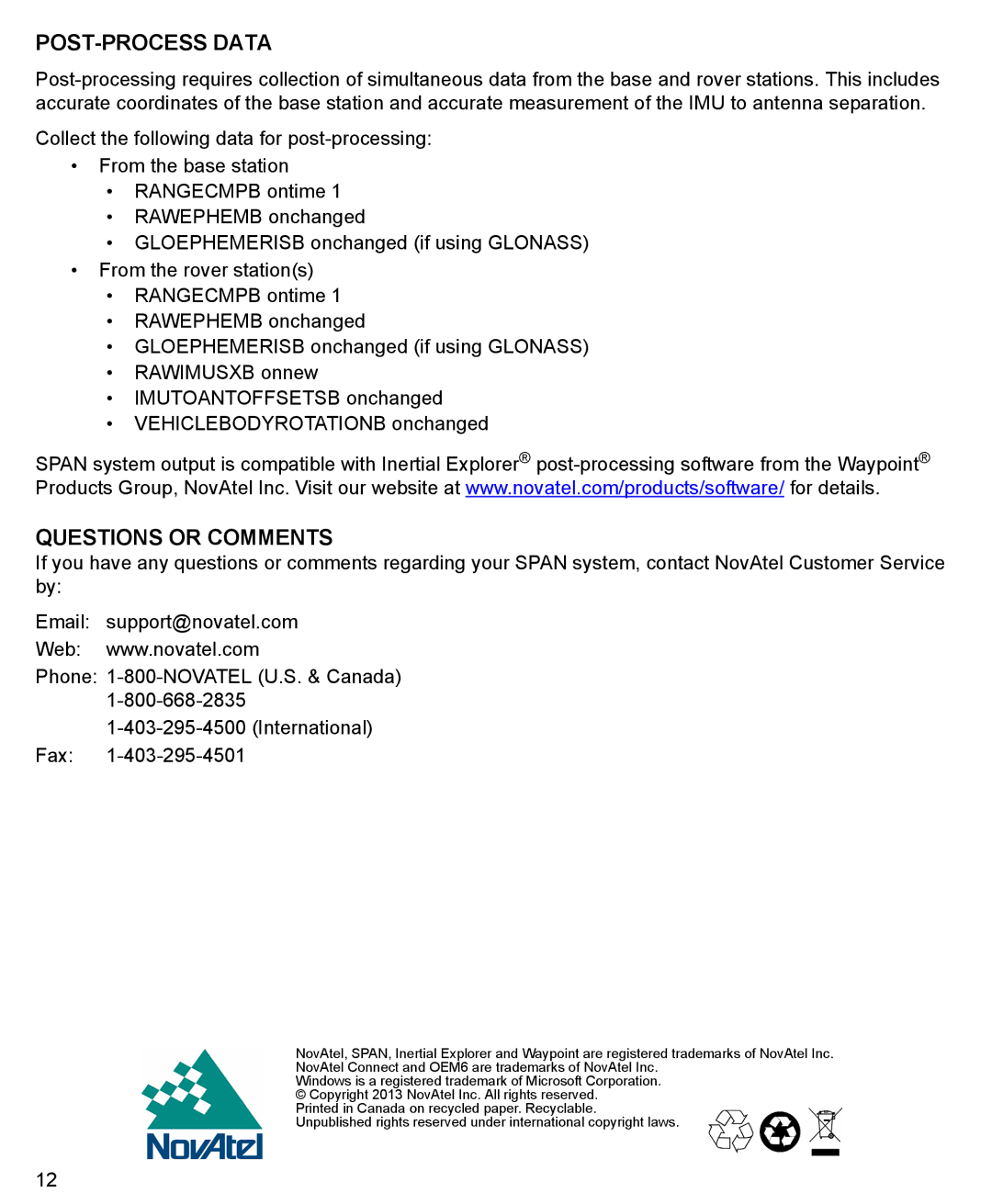 Novatel GM-14915118 quick start POST-PROCESS Data, Questions or Comments 