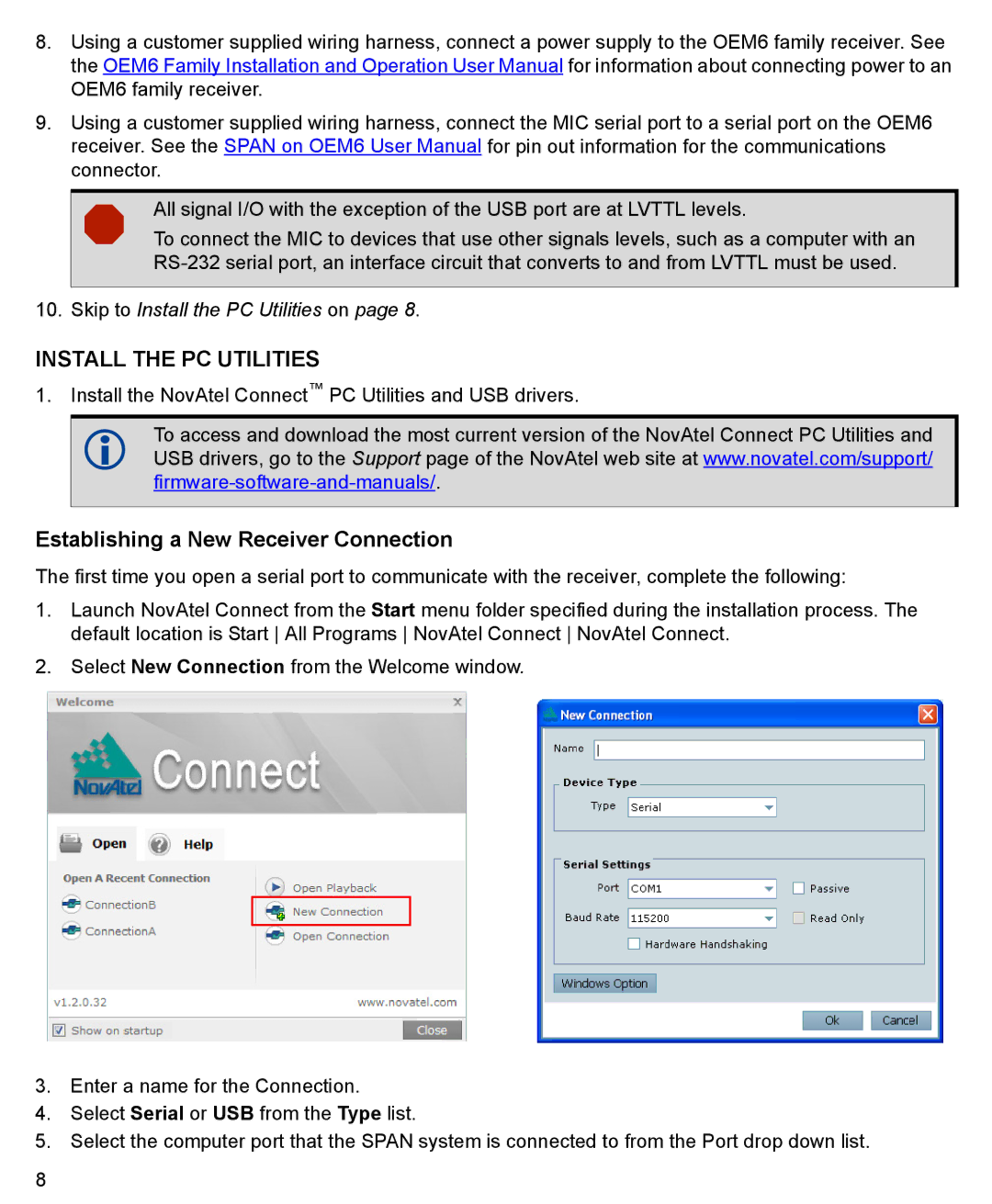 Novatel GM-14915118 quick start Install the PC Utilities, Establishing a New Receiver Connection 