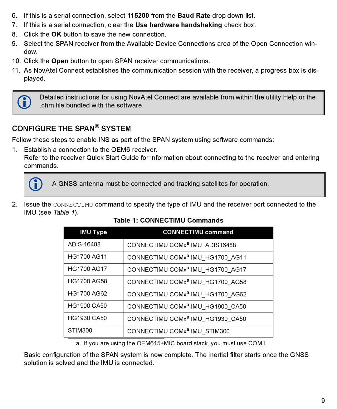 Novatel GM-14915118 quick start Configure the Span System, Connectimu Commands 