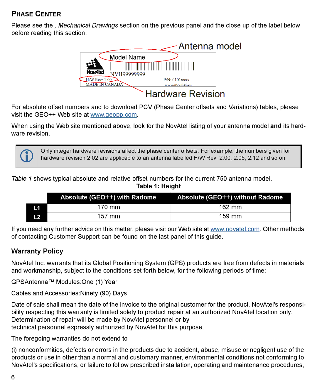 Novatel GNSS-750 user manual Warranty Policy, Phase Center 