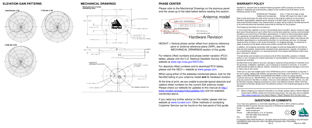 Novatel GPS-534-C specifications Elevation Gain Patterns Mechanical Drawings, Phase Center, Warranty Policy 