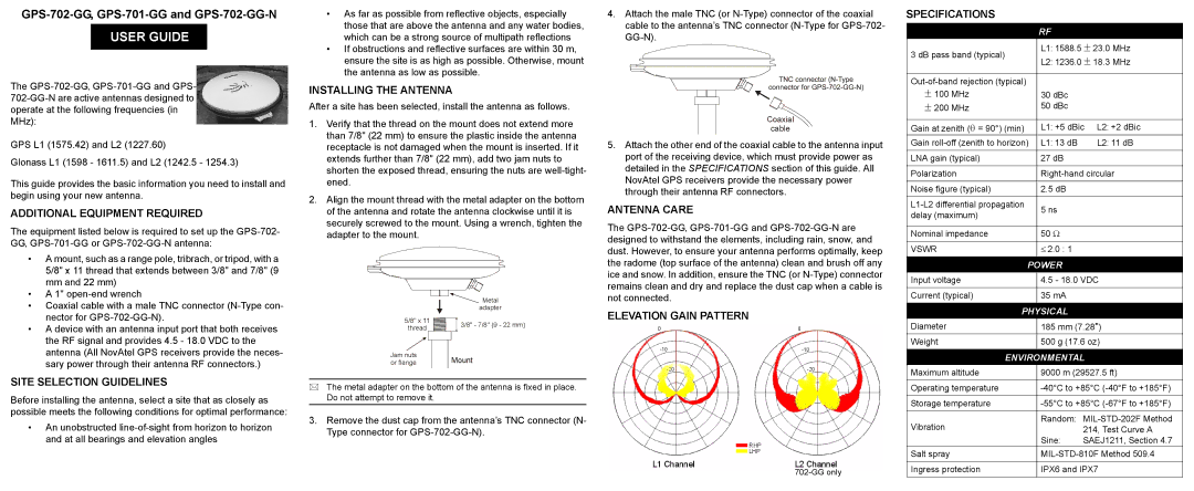 Novatel 702-GG specifications Additional Equipment Required, Installing the Antenna, Antenna Care, Specifications 