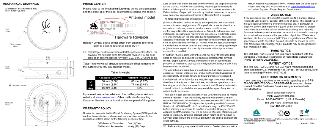 Novatel GPS-701-GG Mechanical Drawings, Phase Center, Weee Notice, Patent Notice, Questions or Comments, Warranty Policy 