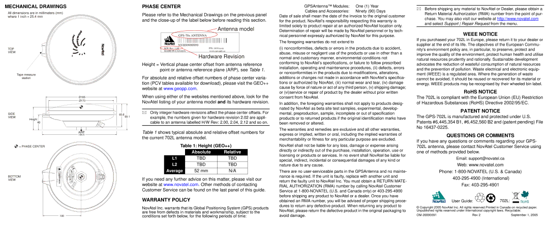 Novatel GPS-702L Mechanical Drawings Phase Center, Weee Notice, Patent Notice, Warranty Policy, Questions or Comments 