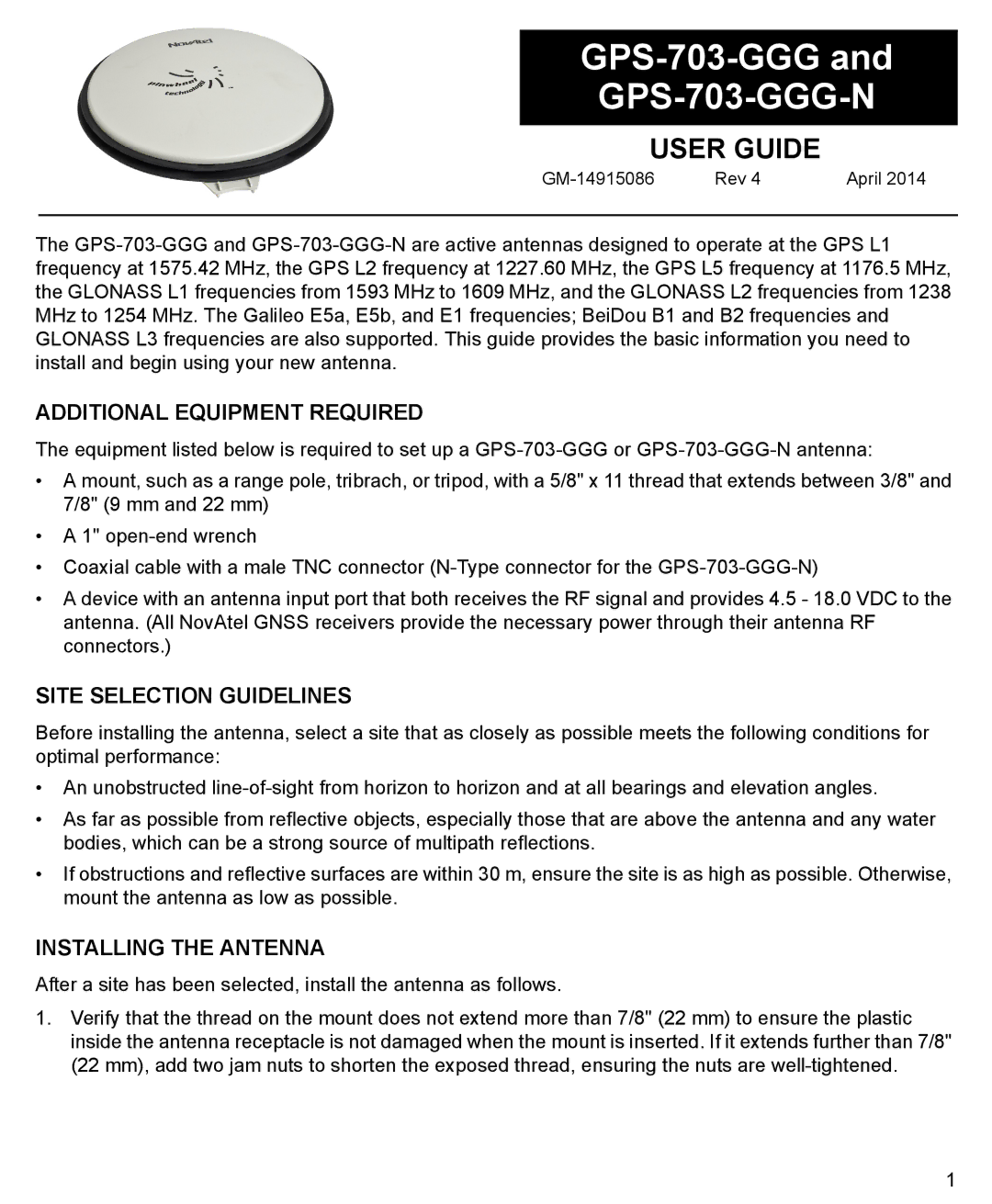 Novatel GPS-703-GGG-N manual Additional Equipment Required, Site Selection Guidelines, Installing the Antenna 