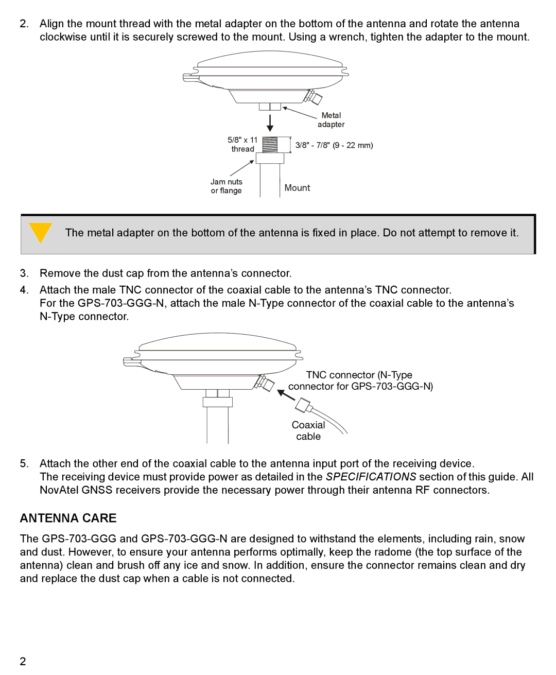 Novatel GPS-703-GGG-N manual Antenna Care 