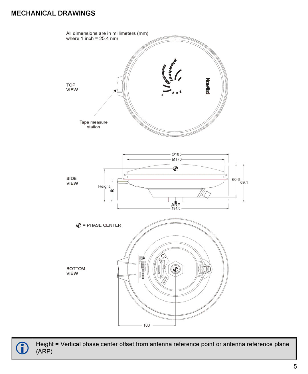 Novatel GPS-703-GGG-N manual Mechanical Drawings, All dimensions are in millimeters mm where 1 inch = 25.4 mm 