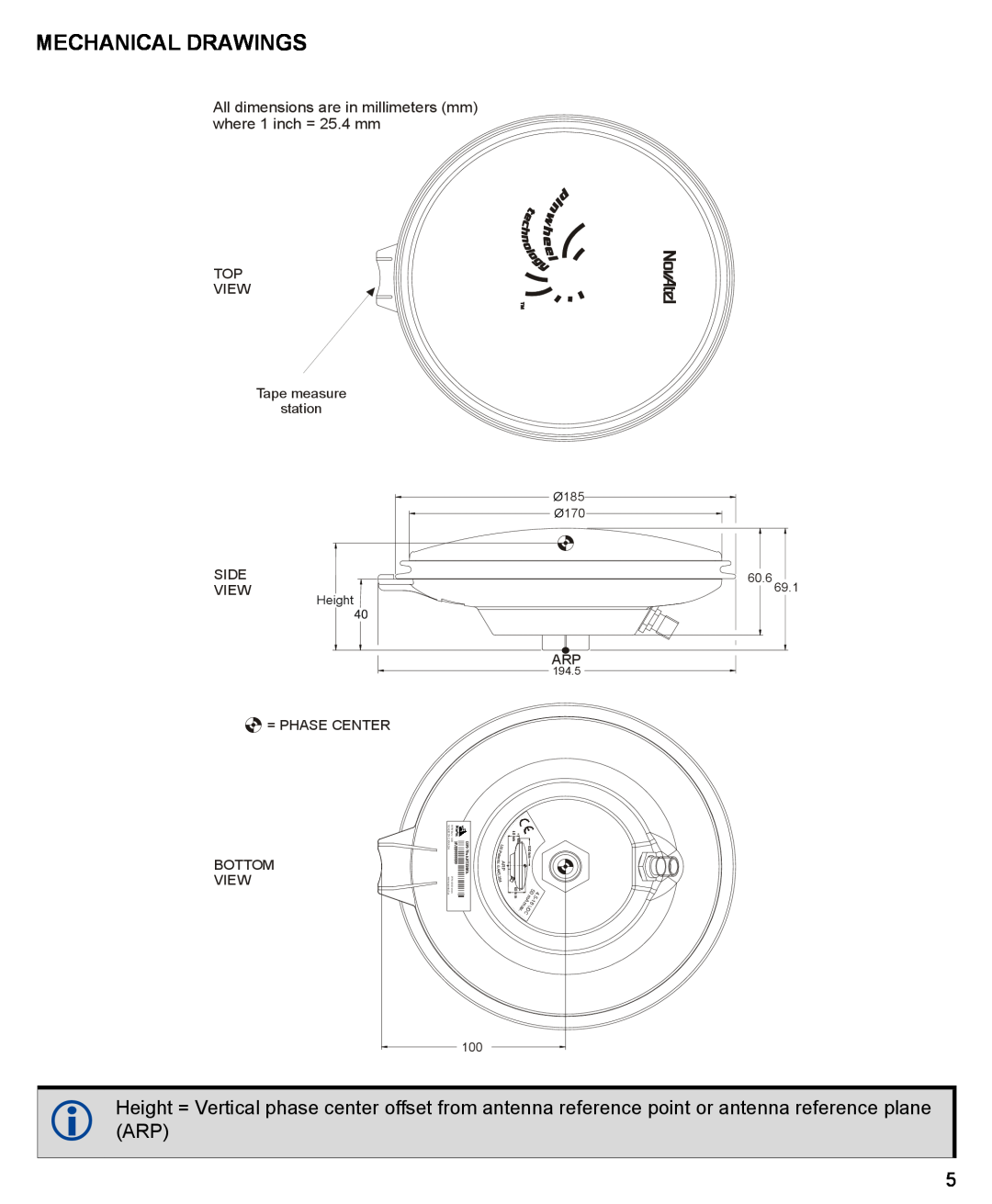 Novatel GPS-703-GGG Mechanical Drawings, TOP VIEW Tape measure station, Side View, = Phase Center, Bottom View, Height 