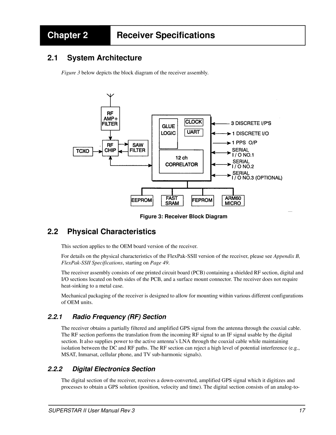 Novatel OM-20000077 Receiver Specifications, System Architecture, Physical Characteristics, Radio Frequency RF Section 