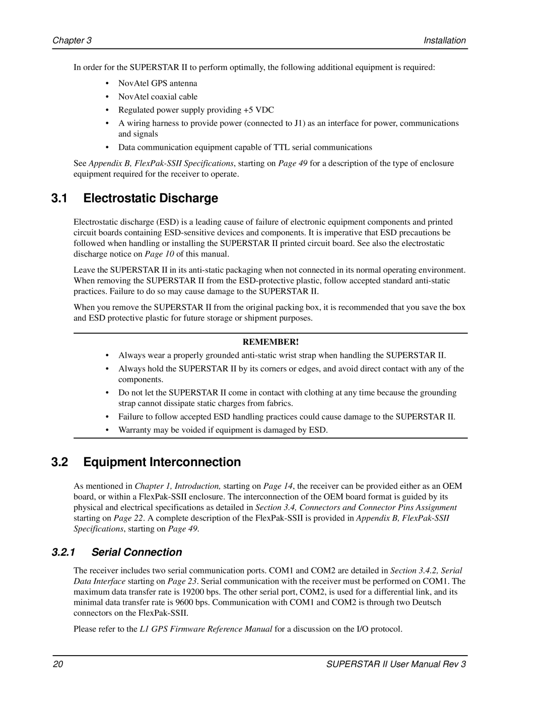 Novatel OM-20000077 user manual Electrostatic Discharge, Equipment Interconnection, Serial Connection, Chapter Installation 