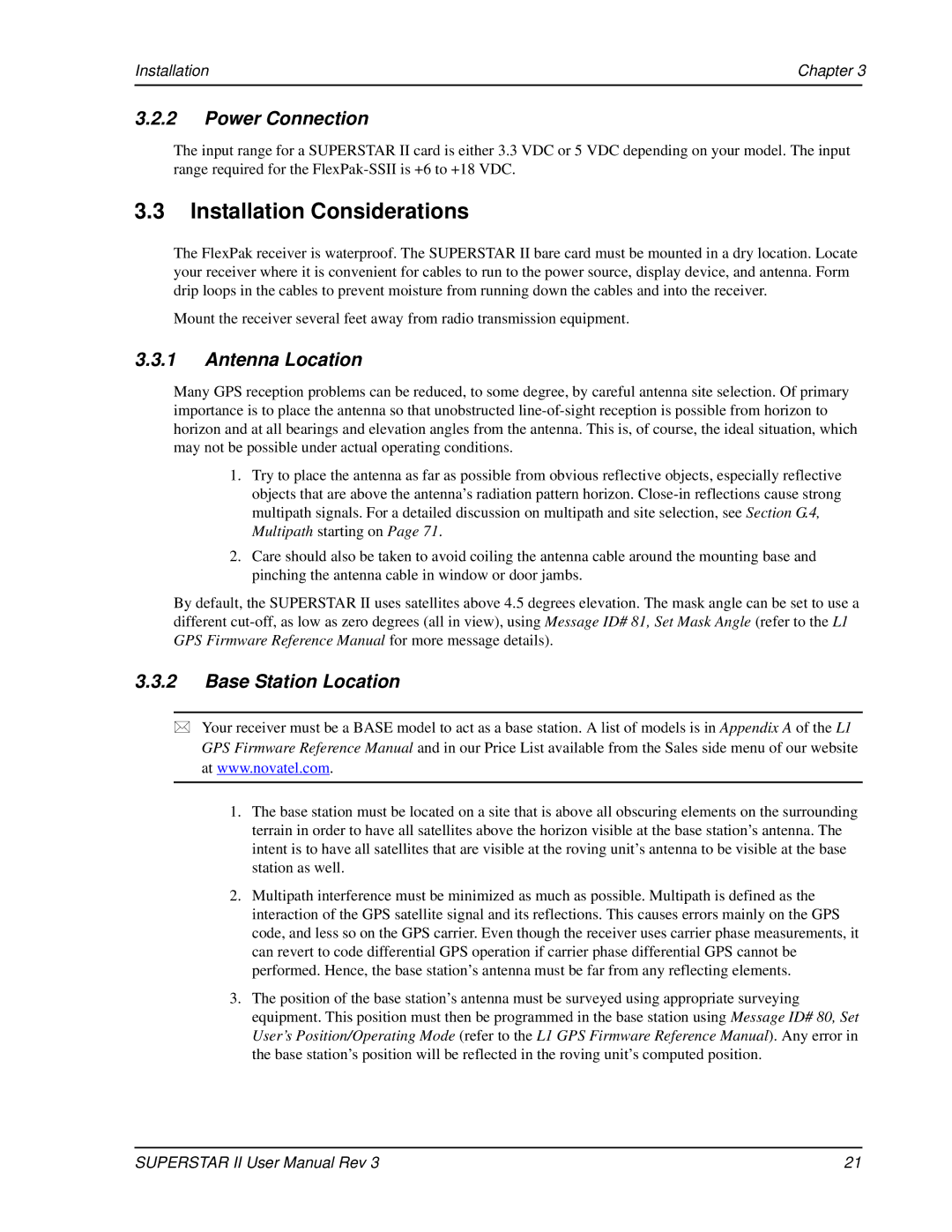 Novatel OM-20000077 user manual Installation Considerations, Power Connection, Antenna Location, Base Station Location 