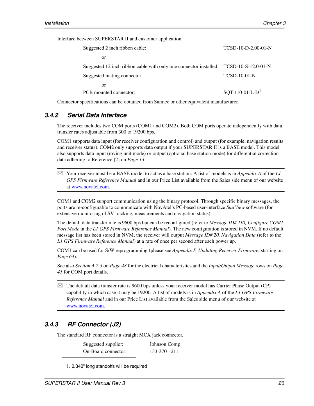 Novatel OM-20000077 user manual Serial Data Interface, RF Connector J2 