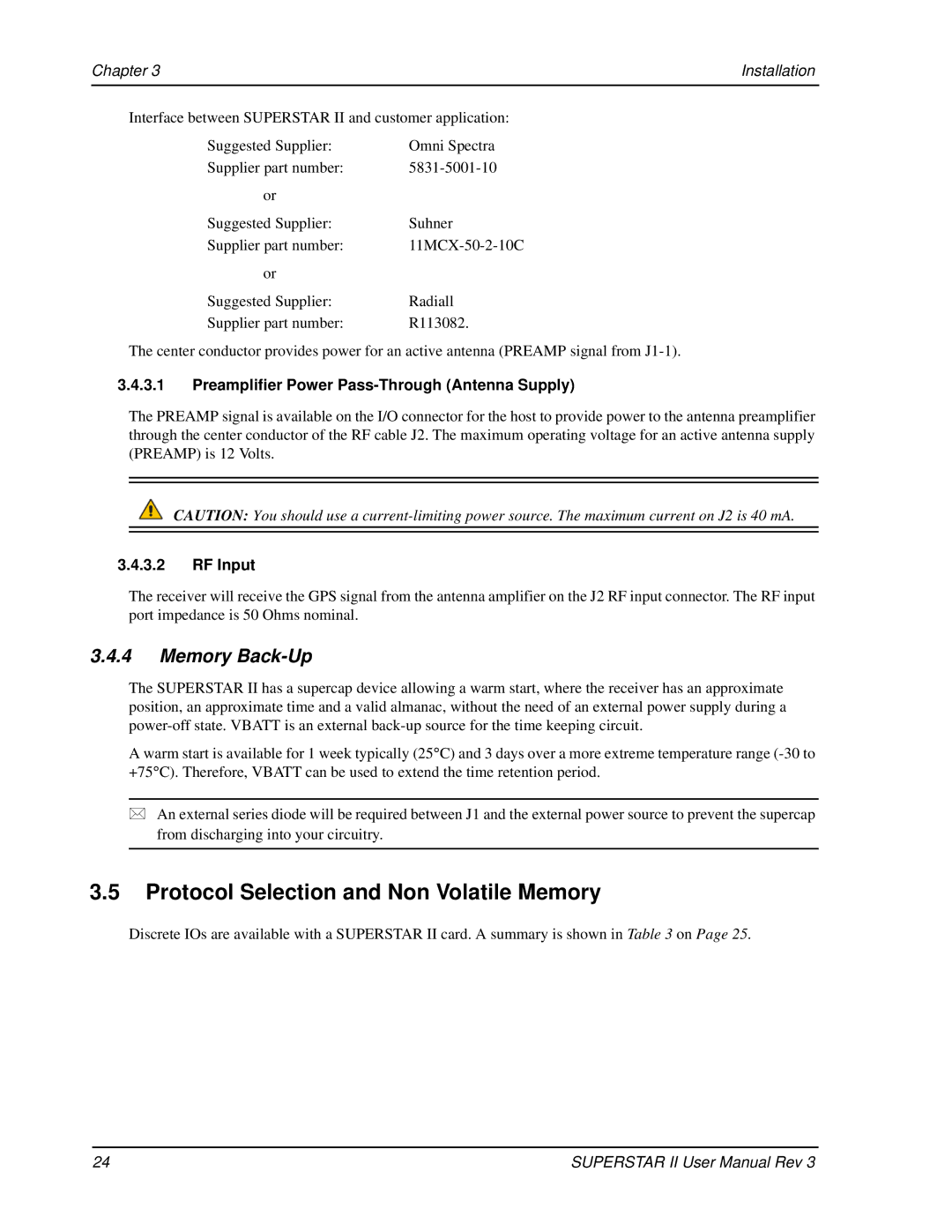 Novatel OM-20000077 user manual Protocol Selection and Non Volatile Memory, Memory Back-Up, RF Input 