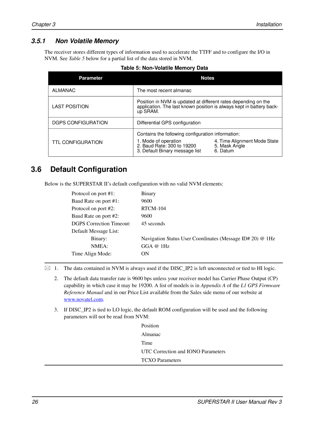 Novatel OM-20000077 user manual Default Configuration, Non Volatile Memory, Non-Volatile Memory Data 