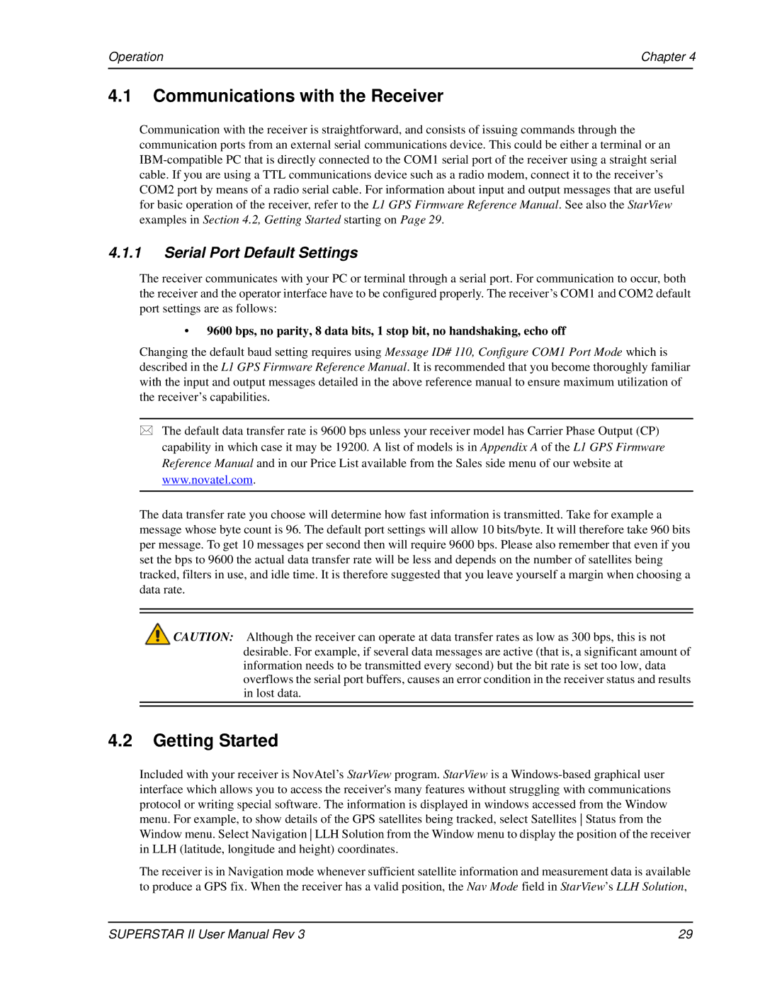 Novatel OM-20000077 Communications with the Receiver, Getting Started, Serial Port Default Settings, Operation Chapter 