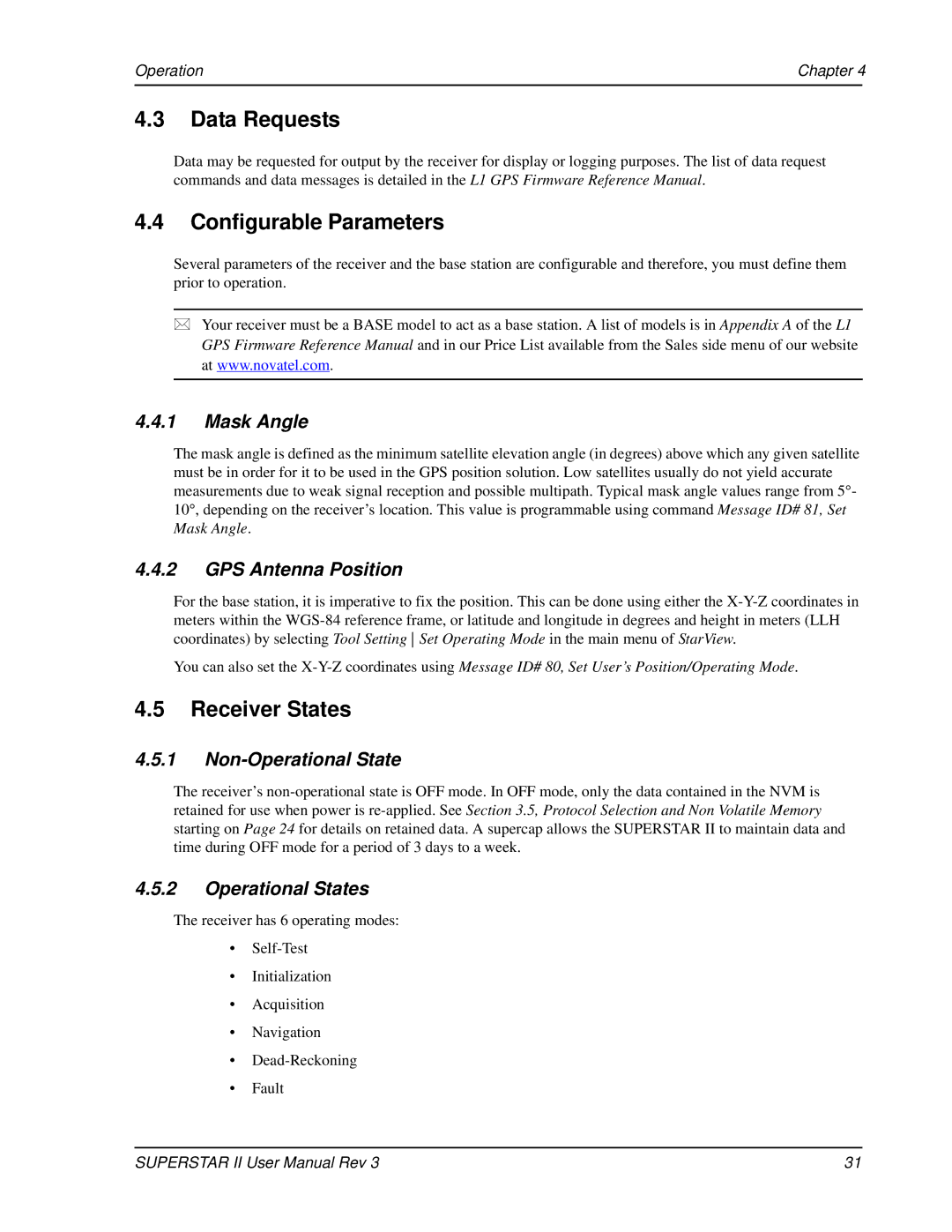 Novatel OM-20000077 user manual Data Requests, Configurable Parameters, Receiver States 