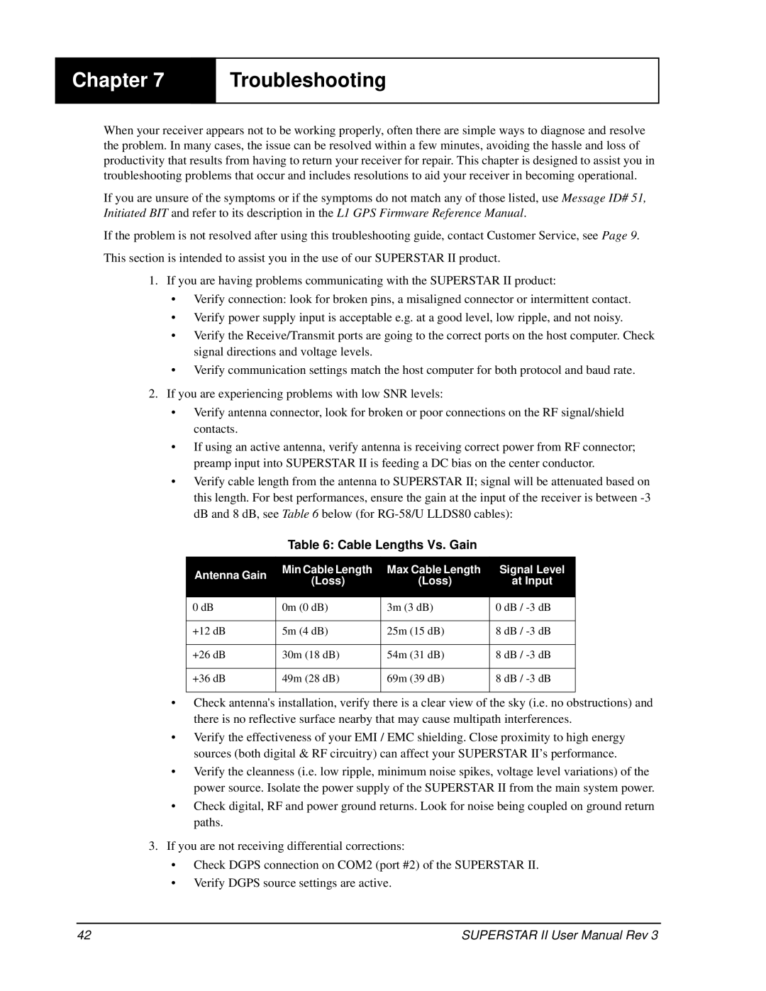 Novatel OM-20000077 user manual Troubleshooting, Cable Lengths Vs. Gain 