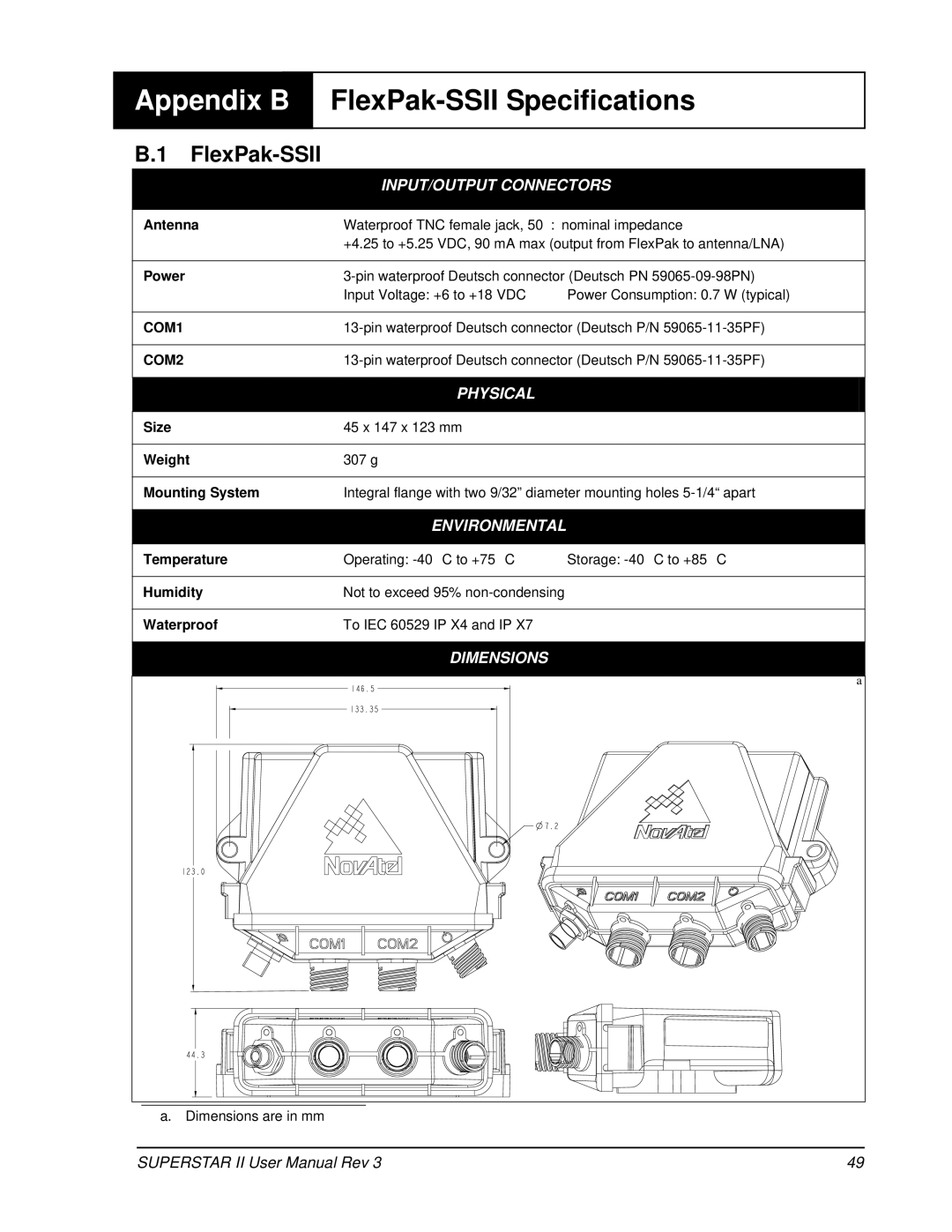 Novatel OM-20000077 user manual Appendix B, FlexPak-SSII Specifications 