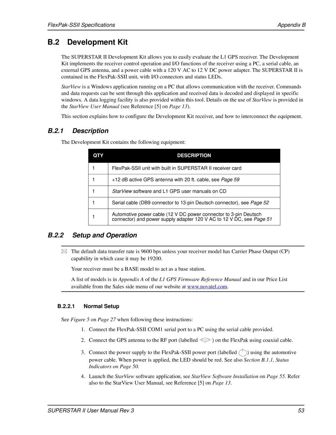 Novatel OM-20000077 user manual Development Kit, Description, Setup and Operation, Normal Setup 