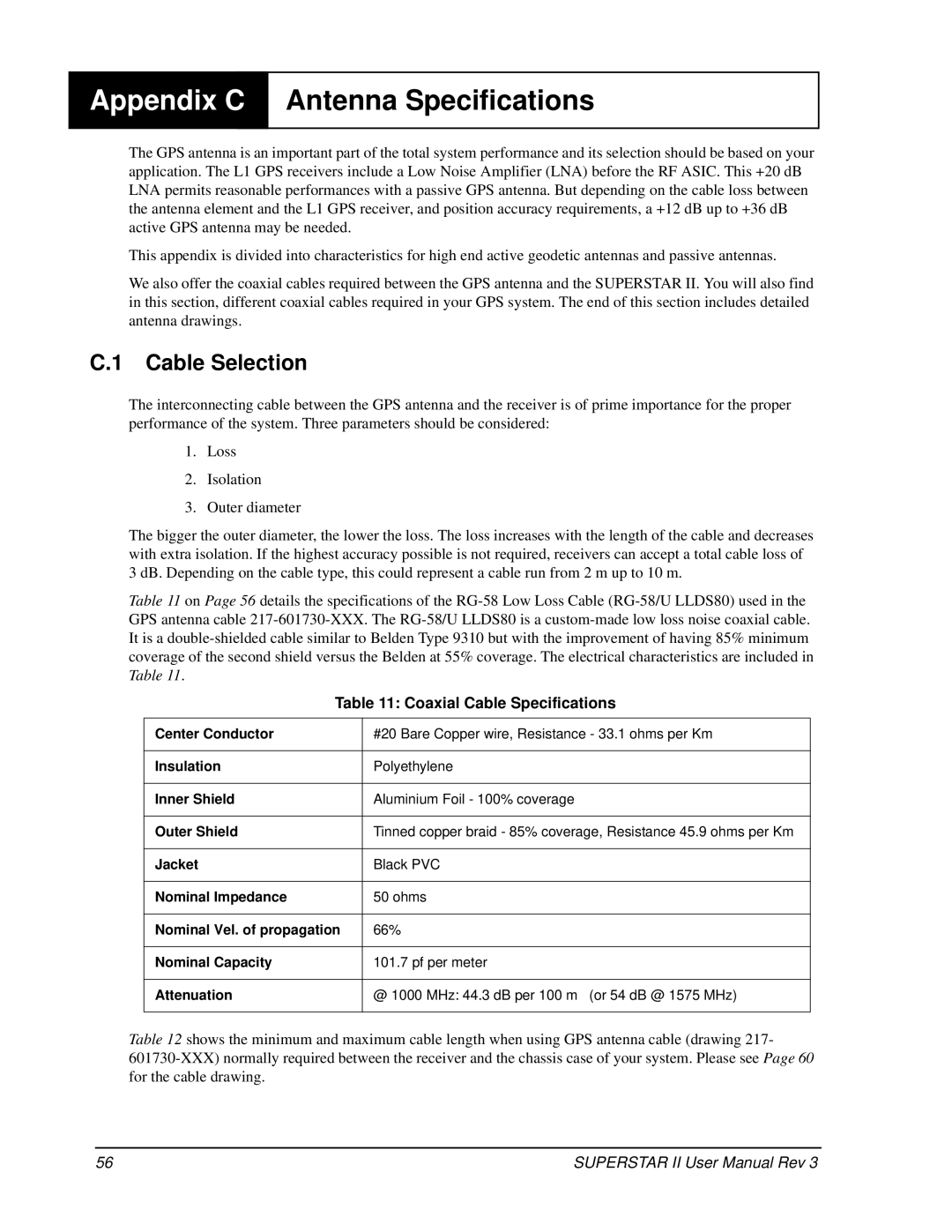 Novatel OM-20000077 user manual Appendix C, Antenna Specifications, Cable Selection, Coaxial Cable Specifications 