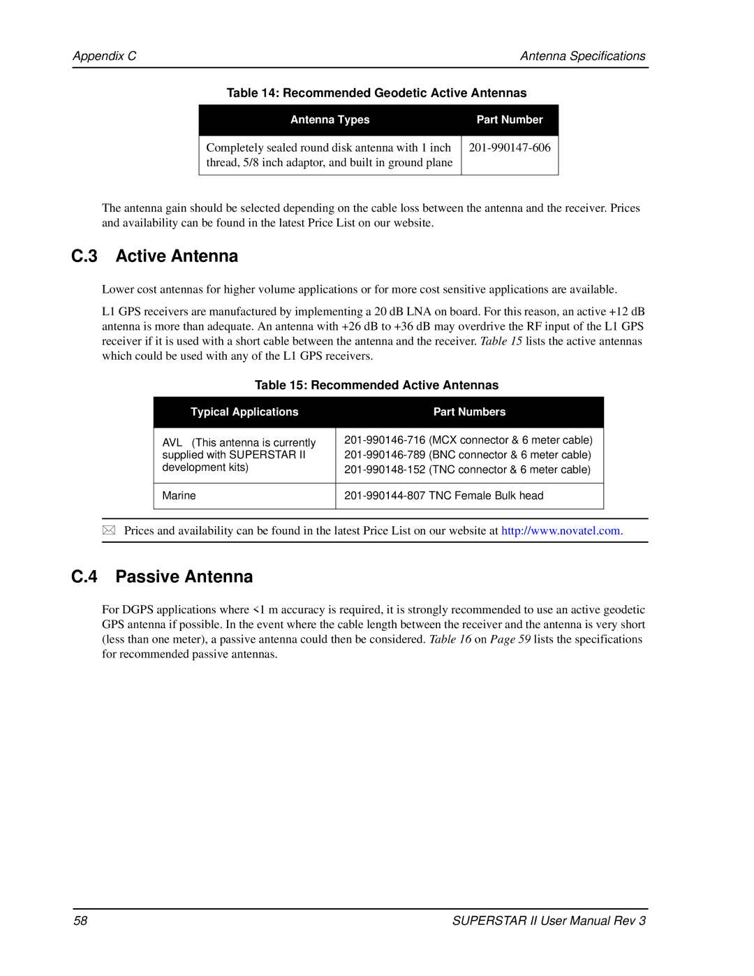 Novatel OM-20000077 user manual Passive Antenna, Appendix C Antenna Specifications, Recommended Active Antennas 