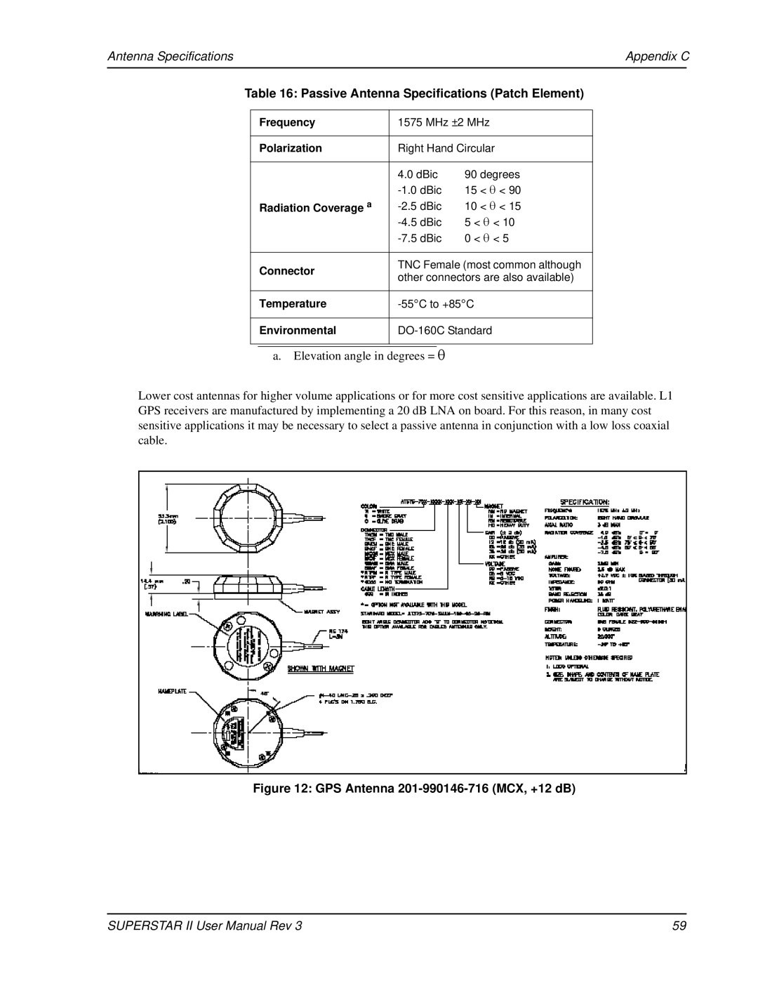 Novatel OM-20000077 user manual Passive Antenna Specifications Patch Element, GPS Antenna 201-990146-716 MCX, +12 dB 