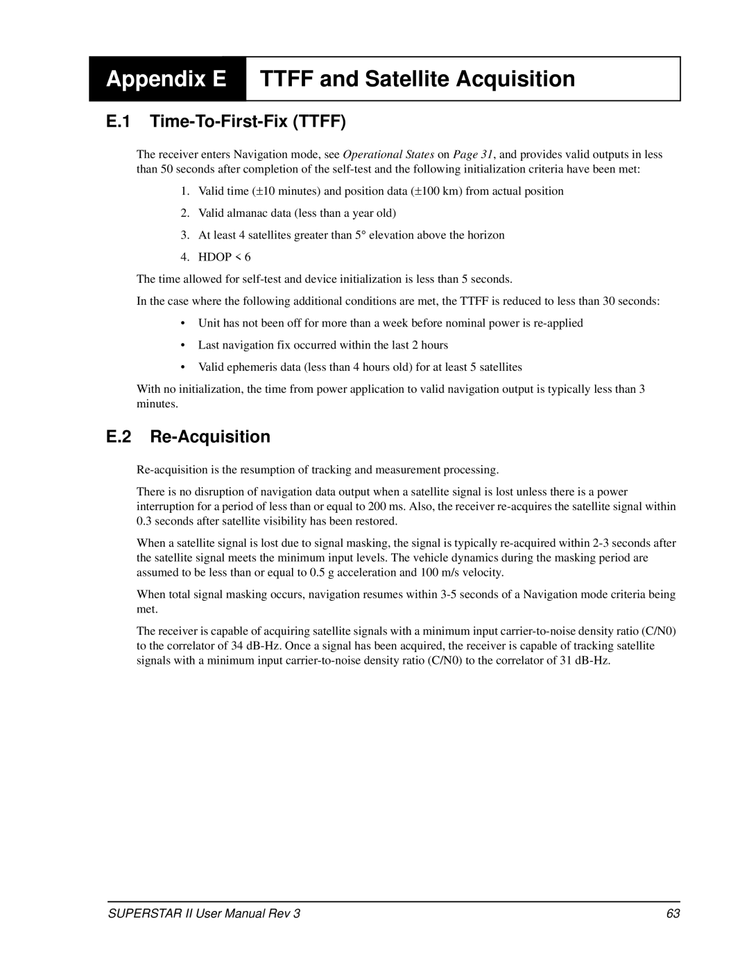 Novatel OM-20000077 user manual Appendix E, Ttff and Satellite Acquisition, Time-To-First-Fix Ttff, Re-Acquisition 