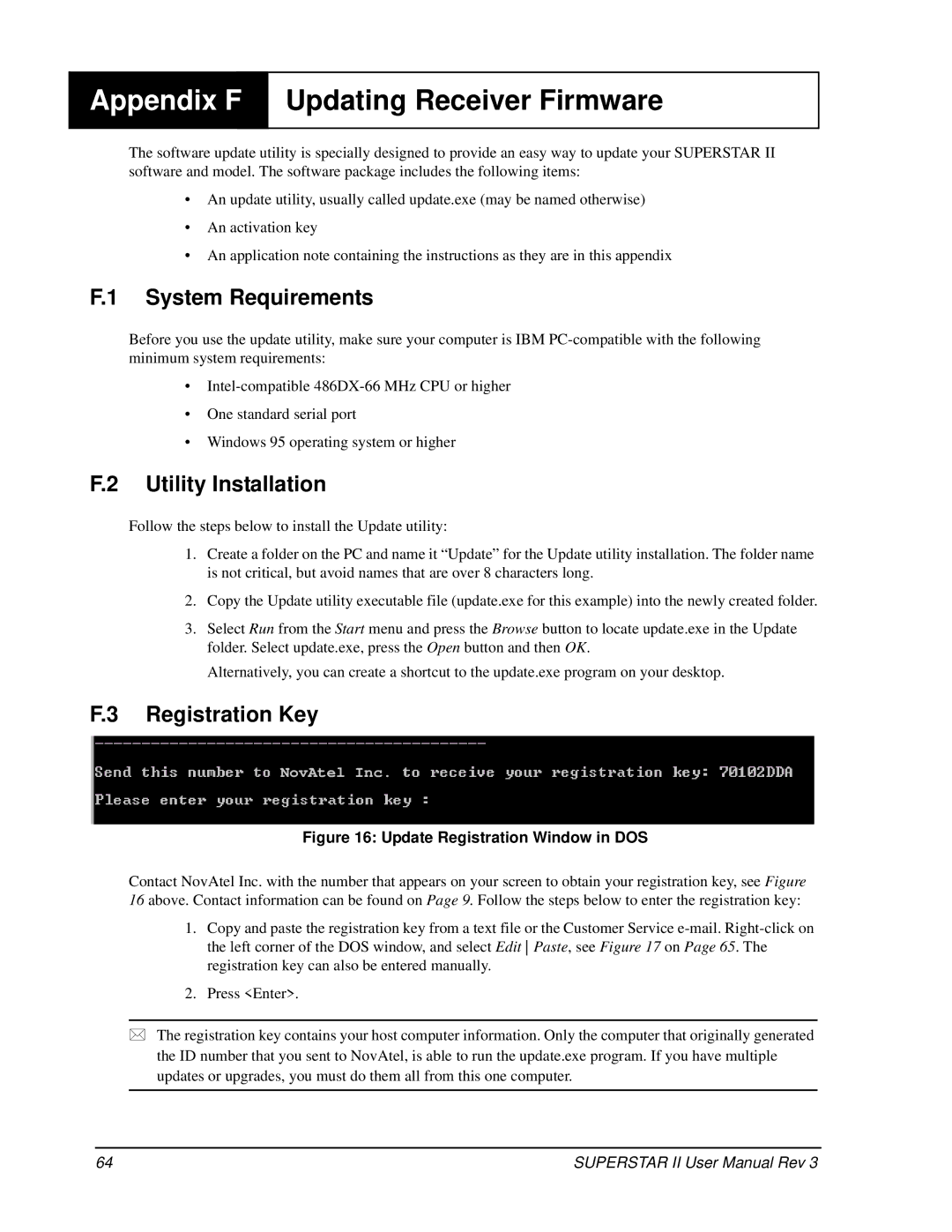 Novatel OM-20000077 Appendix F, Updating Receiver Firmware, System Requirements, Utility Installation, Registration Key 