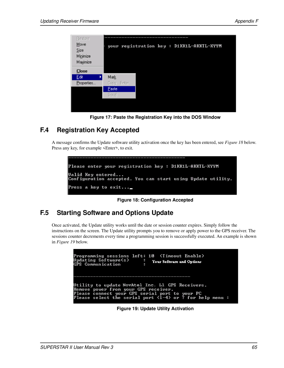 Novatel OM-20000077 Registration Key Accepted, Starting Software and Options Update, Updating Receiver Firmware Appendix F 