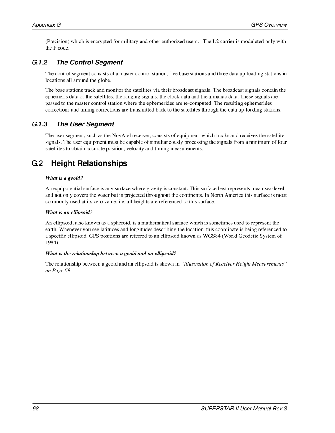 Novatel OM-20000077 user manual Height Relationships, Control Segment, User Segment, Appendix G GPS Overview 