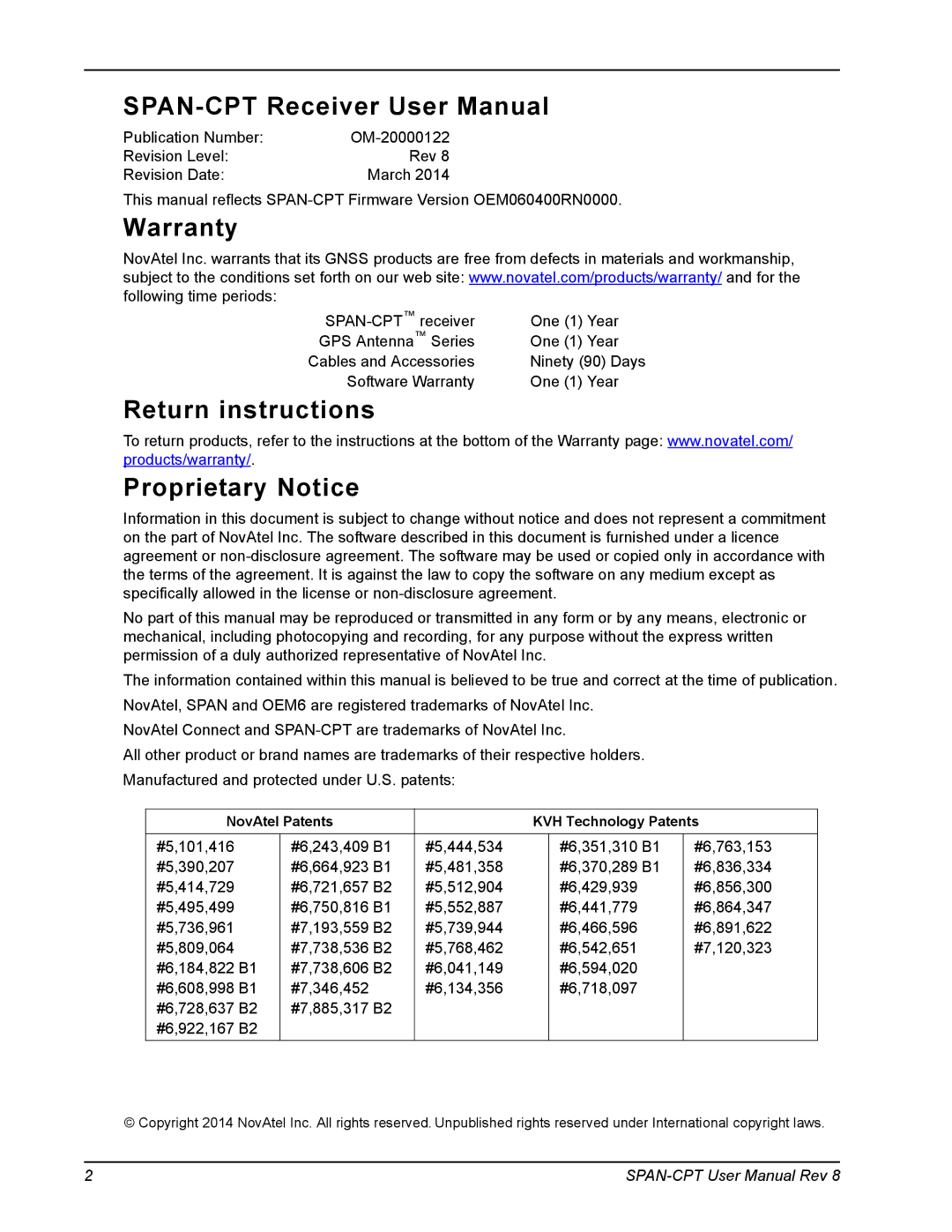 Novatel OM-20000122 user manual Warranty, Return instructions Proprietary Notice 