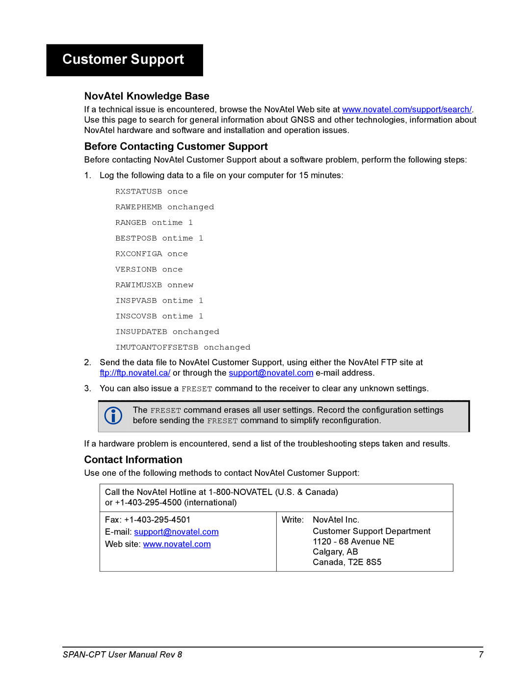 Novatel OM-20000122 user manual NovAtel Knowledge Base Before Contacting Customer Support, Contact Information 