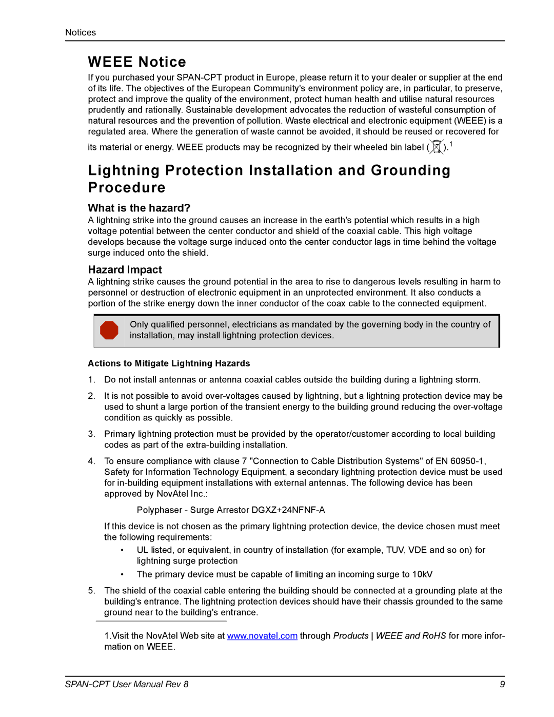 Novatel OM-20000122 user manual Weee Notice, Lightning Protection Installation and Grounding Procedure, What is the hazard? 