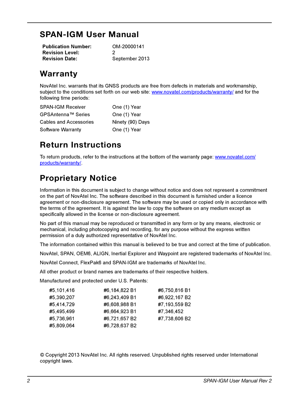 Novatel OM-20000141 user manual Warranty, Return Instructions Proprietary Notice 