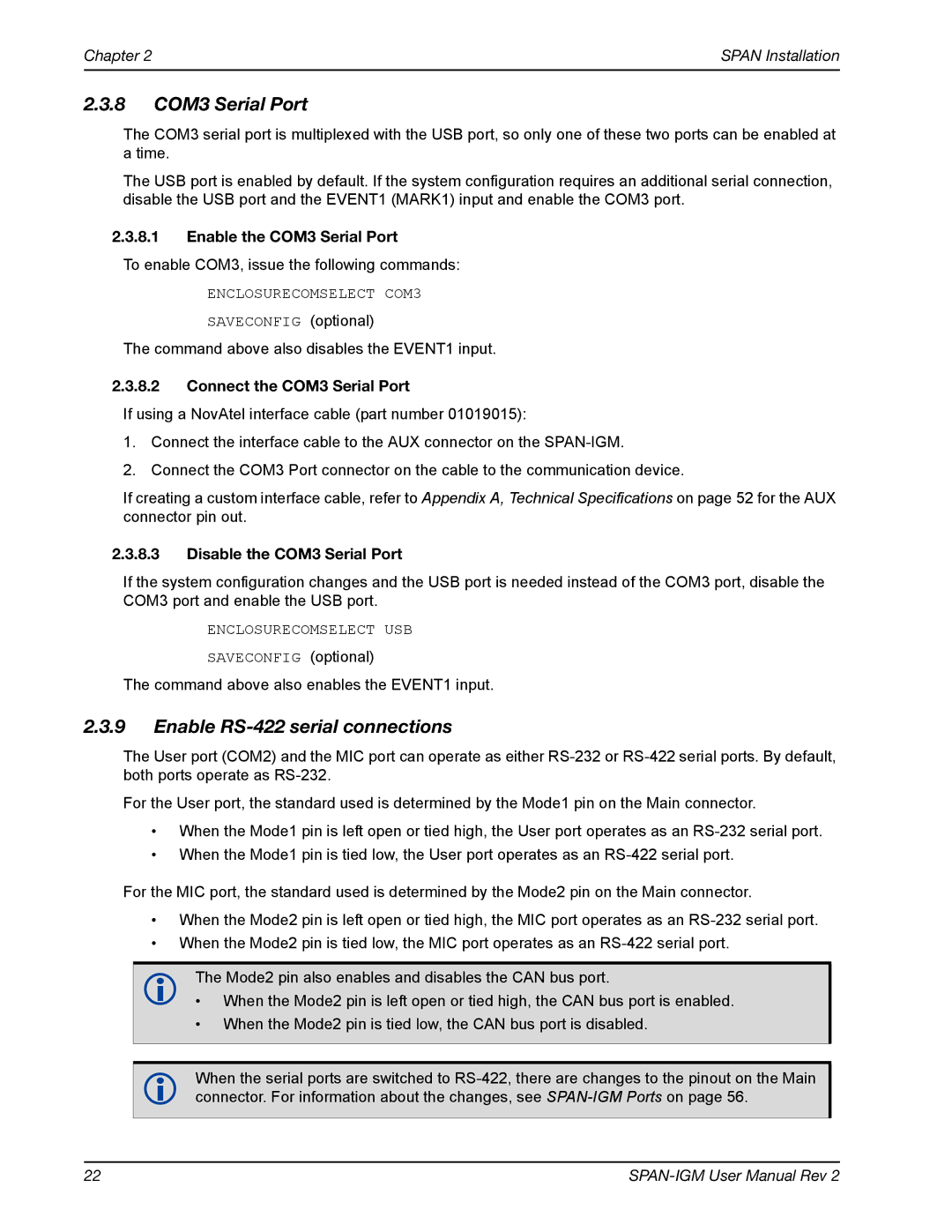 Novatel OM-20000141 user manual 8 COM3 Serial Port, Enable RS-422 serial connections, Enable the COM3 Serial Port 